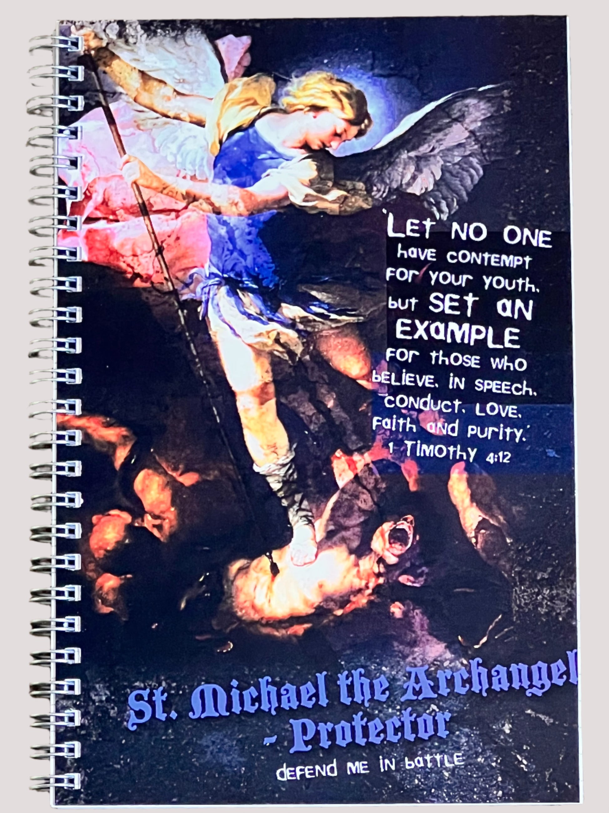 Notebook cover with St. Michael the Archangel illustration and text