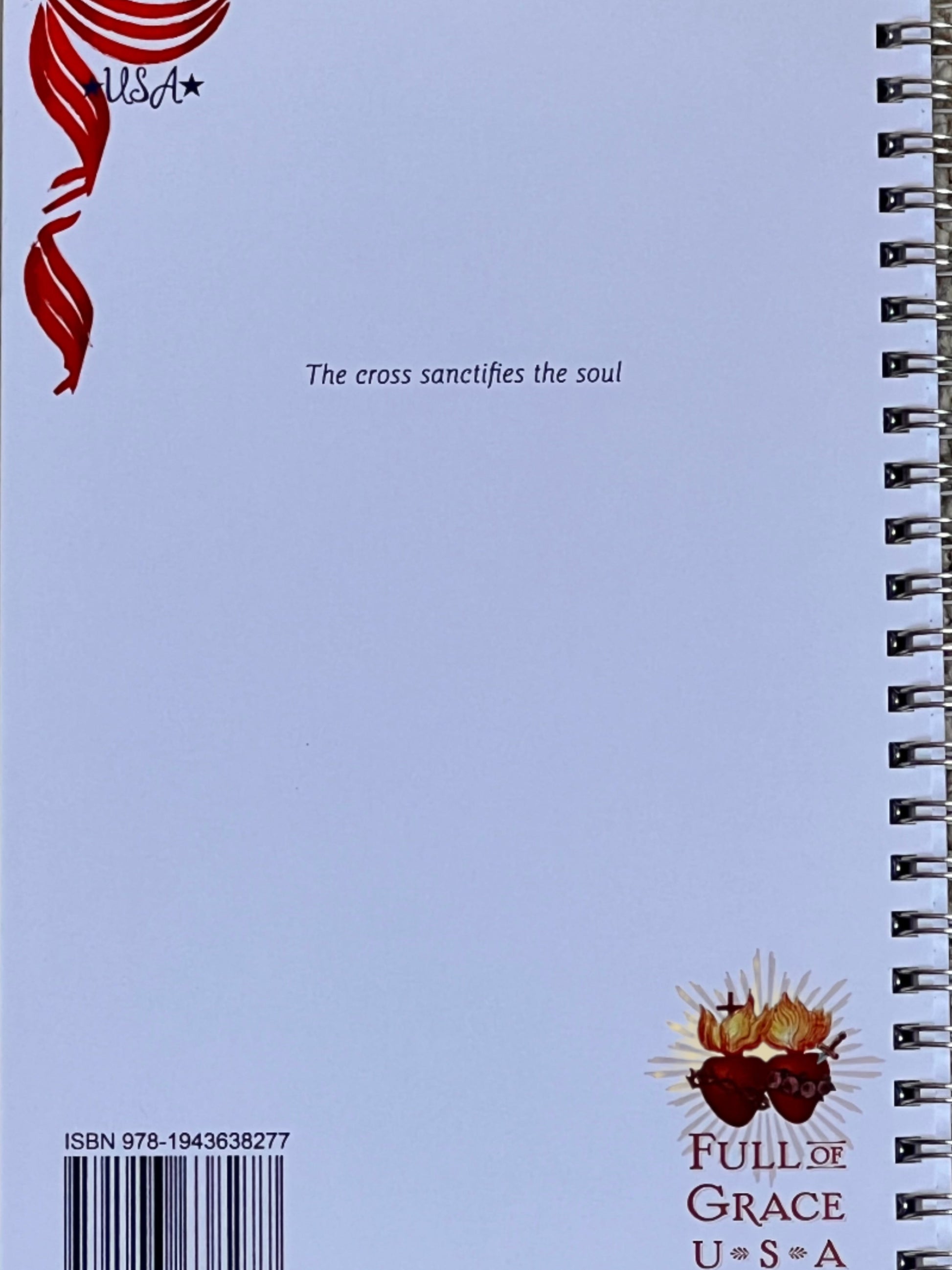 Notebook with a red and white striped design on the top left corner and text on the back cover.