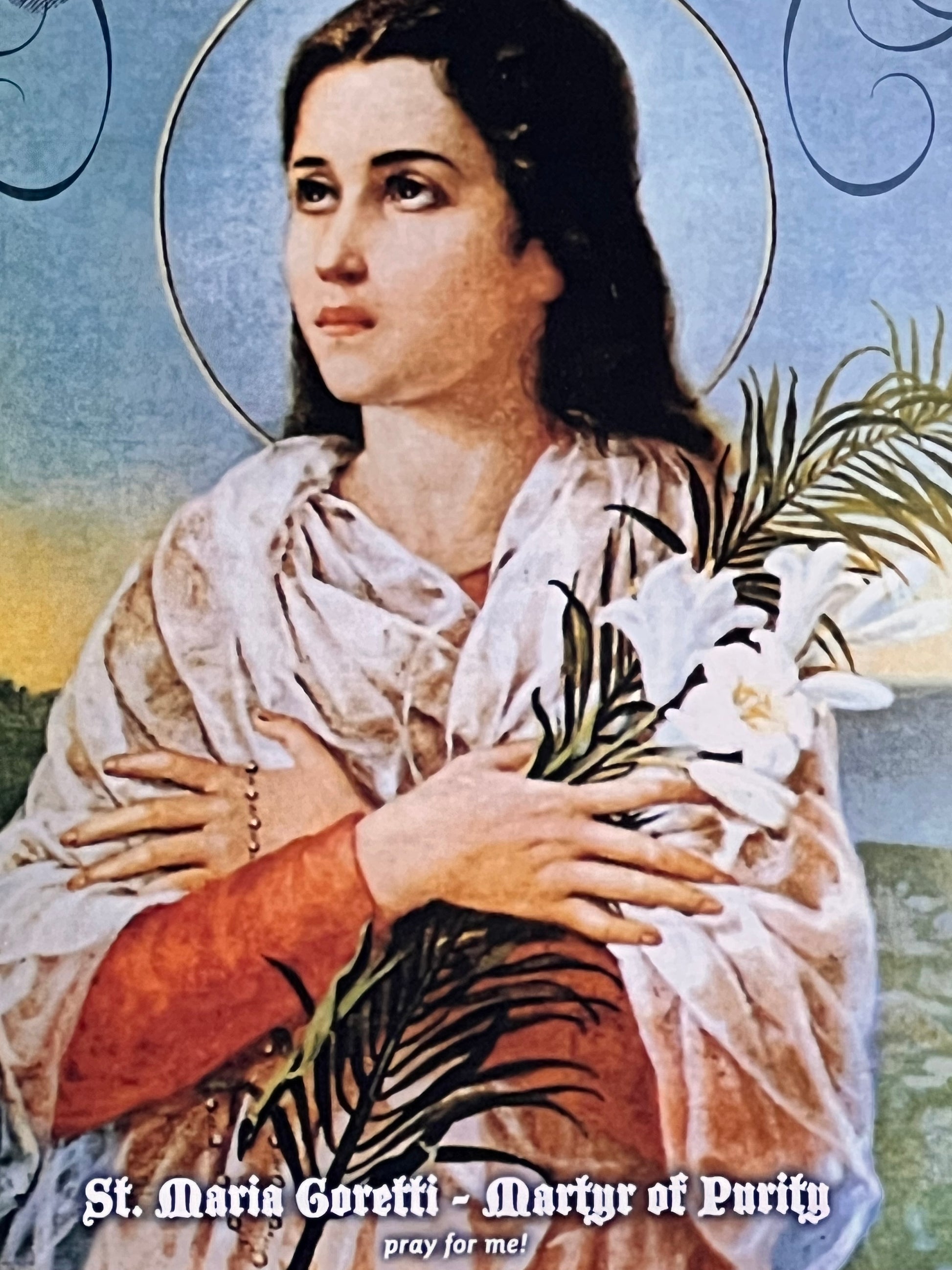 Artistic depiction of a woman holding flowers with a blue background