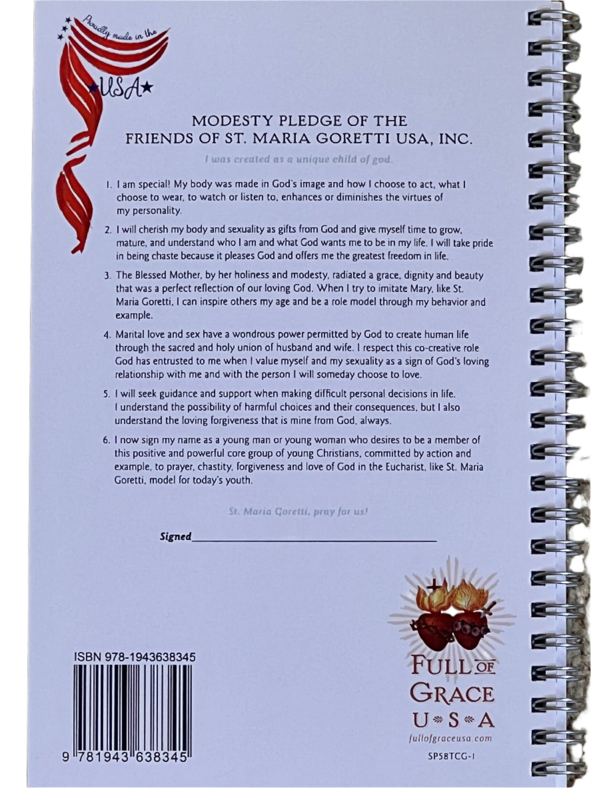 Modesty Pledge of the Friends of St. Maria Goretti USA, Inc. on a spiral-bound notebook with a USA flag design.