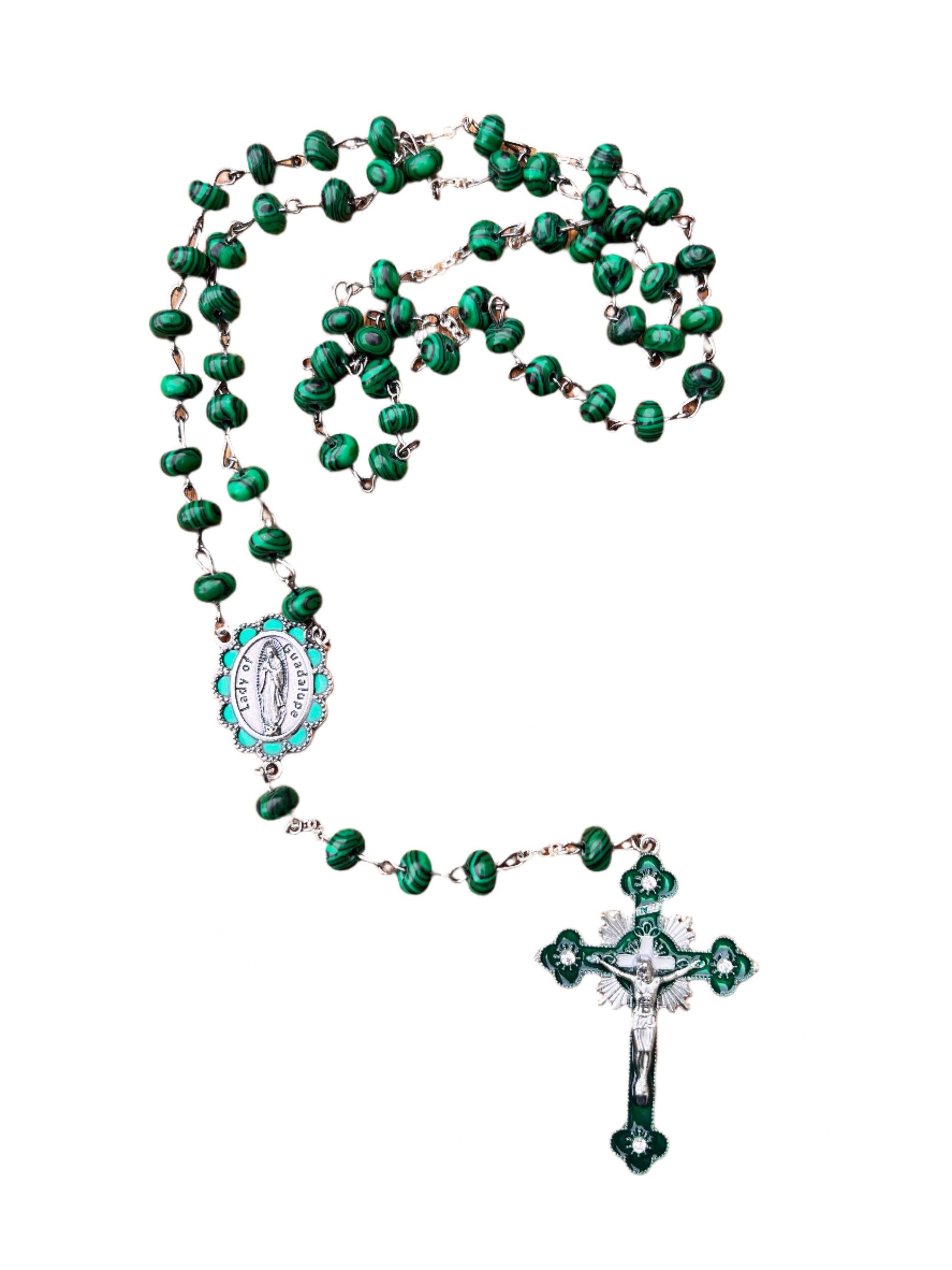 Green rosary with a cross on a white background