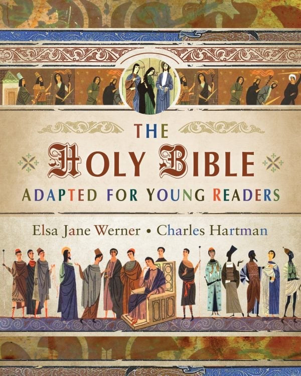 Cover of 'The Holy Bible Adapted for Young Readers' with illustrated characters and text.