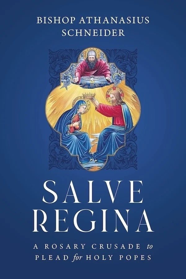 Book cover of 'Salve Regina' by Bishop Athanasius Schneider with religious illustration on a blue background