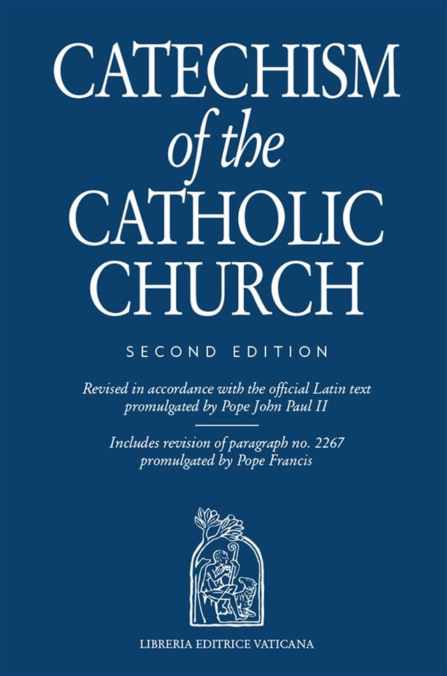 Catechism of the Catholic Church book cover with text and Vatican logo on a blue background