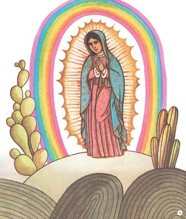 Illustration of a religious figure with a rainbow and cacti in the background