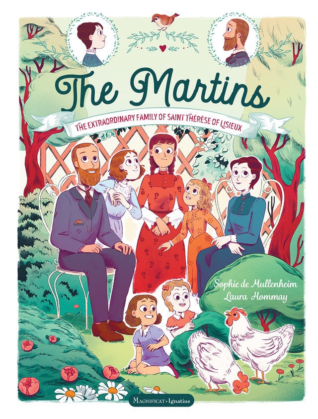 Book cover of 'The Martins' with a family illustration and nature elements.