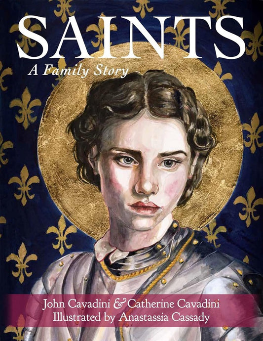 Book cover of 'Saints: A Family Story' with a portrait of a young woman and decorative elements.