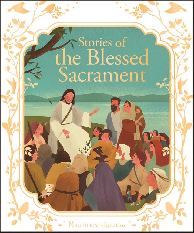 Book cover of 'Stories of the Blessed Sacrament' with illustration of Jesus and disciples.