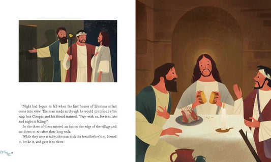 Illustration of a religious scene with people around a table, possibly during a meal.