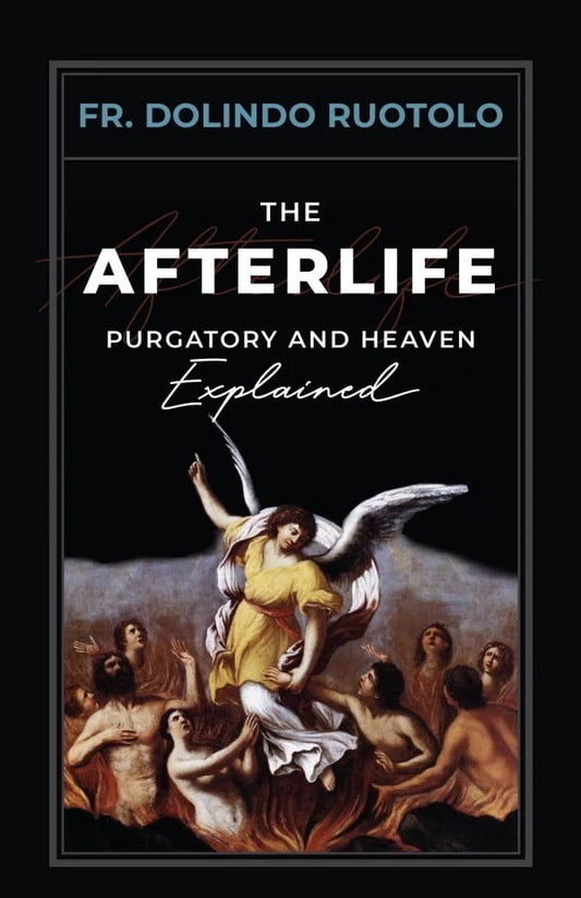 Book cover of 'The Afterlife: Purgatory and Heaven Explained' by Fr. Dolindo Ruotolo with an angel and purgatory scene illustration.