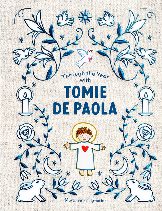 Book cover with illustrations and text 'Through the Year with Tomie de Paola' on a textured background