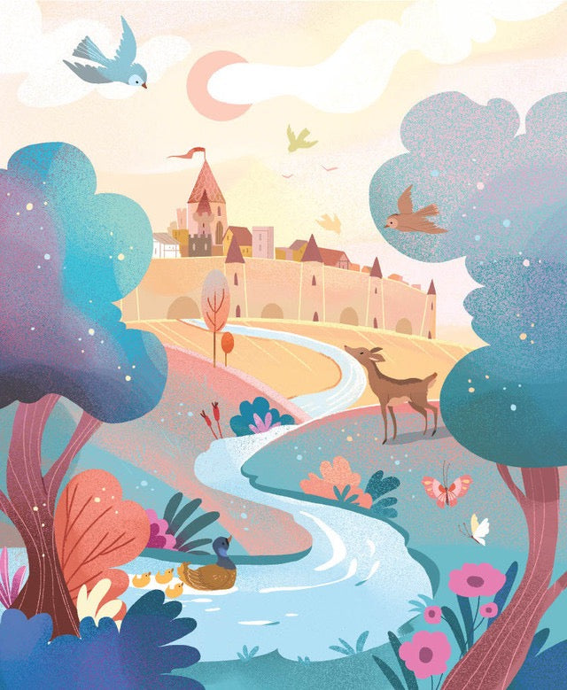 Fantasy landscape with a castle, deer, duck, and birds in a colorful setting.