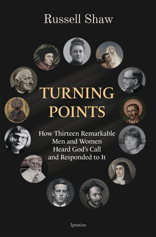 Book cover of 'Turning Points' by Russell Shaw with portraits of men and women on a dark background.