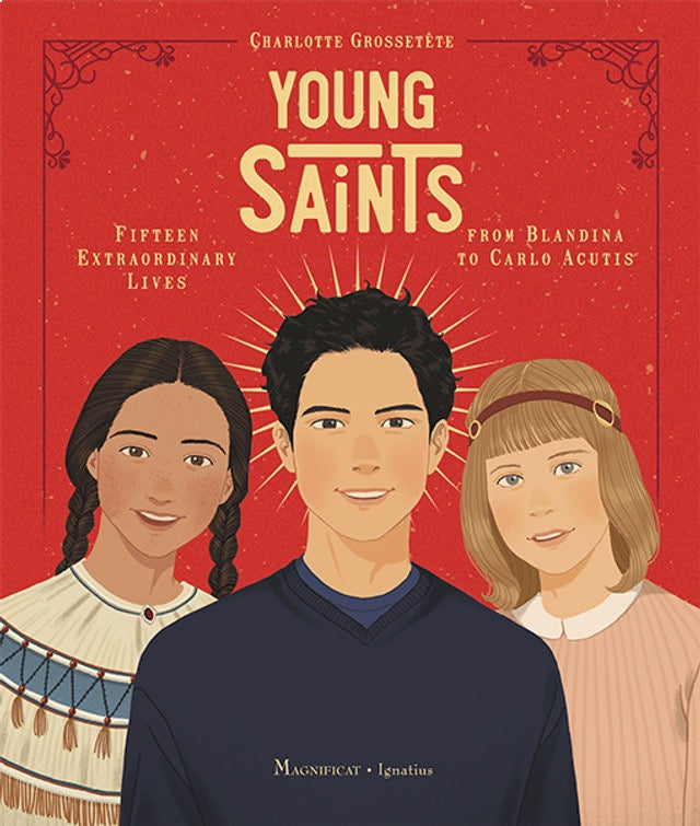 Book cover of 'Young Saints' with illustrations of three children on a red background