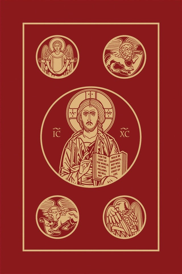 Decorative design with religious iconography on a red background
