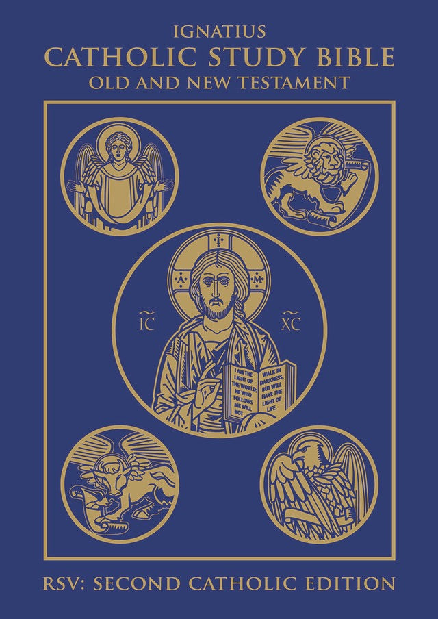Catholic Study Bible cover with gold illustrations on a blue background