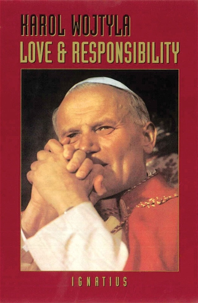 Book cover of 'Love & Responsibility' by Karol Wojtyla with a red border and a portrait of a religious figure.