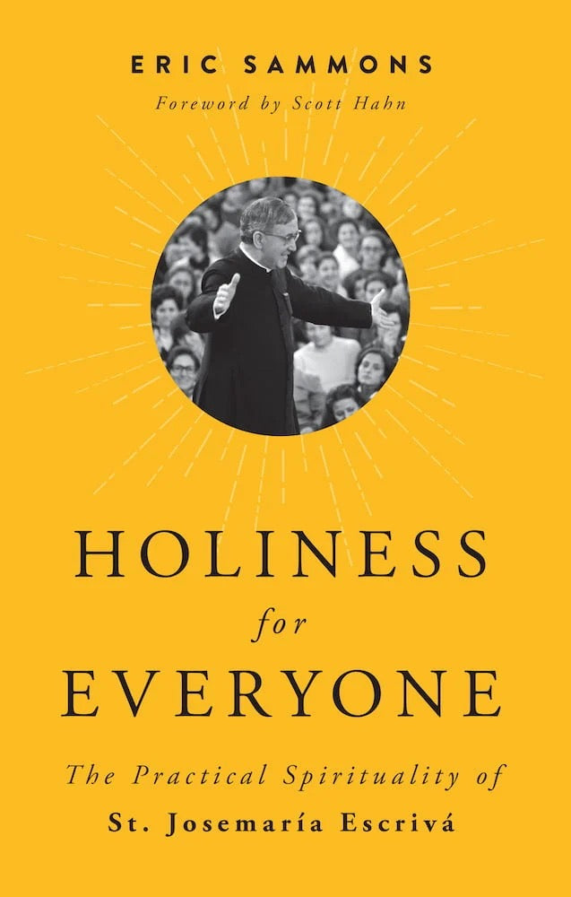 Book cover of 'Holiness for Everyone' by Eric Sammons with a yellow background and circular photo of a person.