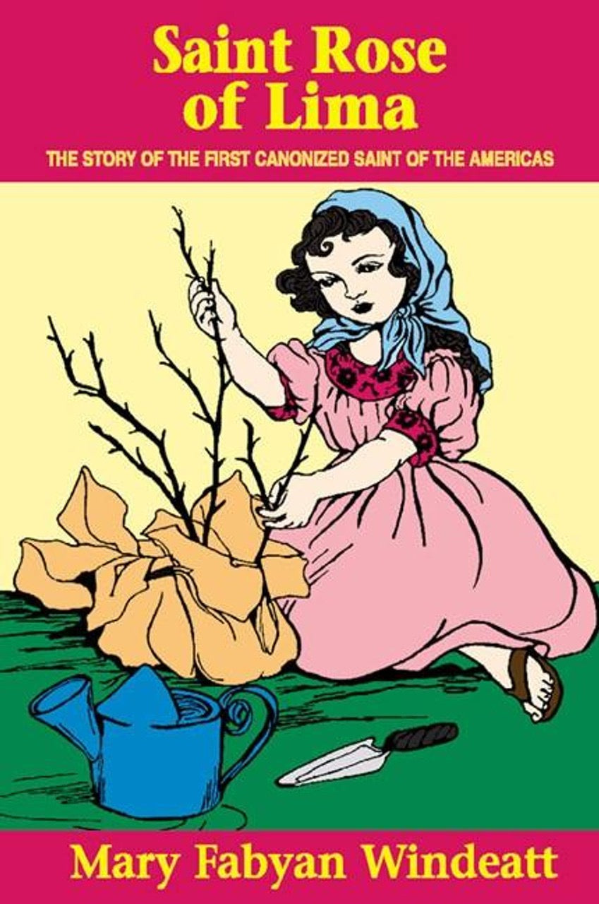 Book cover of 'Saint Rose of Lima' with illustration of a girl holding a branch.