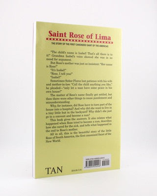 Book cover of 'Saint Rose of Lima' with text and a yellow label on a white background