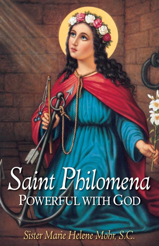 Saint Philomena with a halo, red cloak, and blue dress holding tools and flowers against a brick wall.