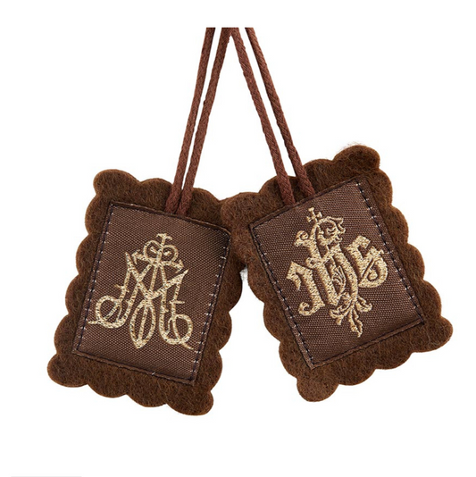 Two brown embroidered wool scapulars