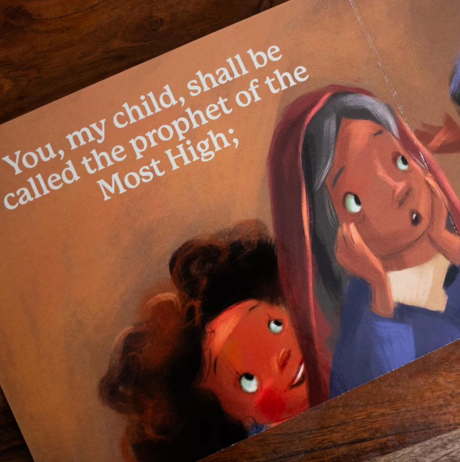 Illustration of a woman and child with text on a wooden surface
