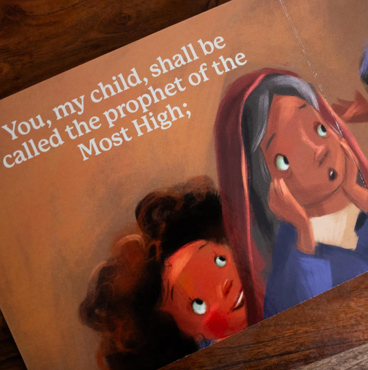 Illustration of a woman and child with text on a wooden surface