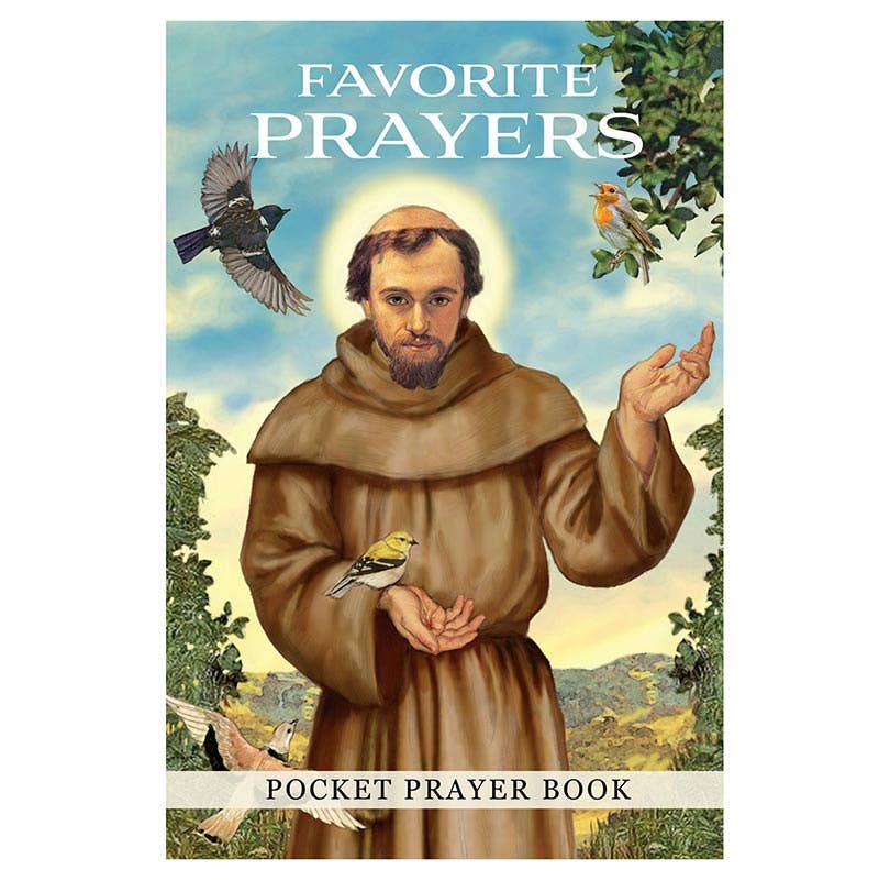Book cover of 'Favorite Prayers' with an illustration of a religious figure holding birds against a scenic background.