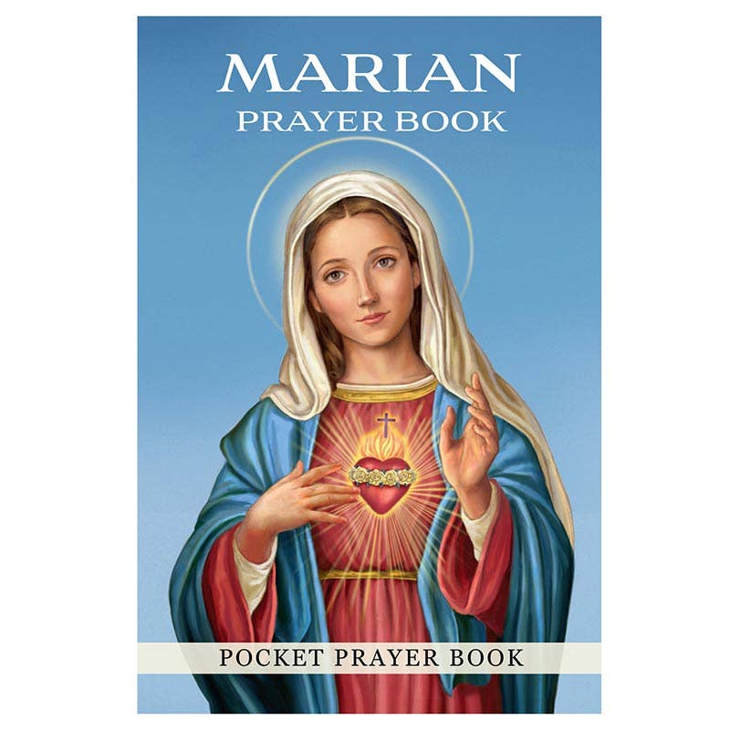 Cover of 'Marian Prayer Book' with an illustration of a religious figure holding a heart.