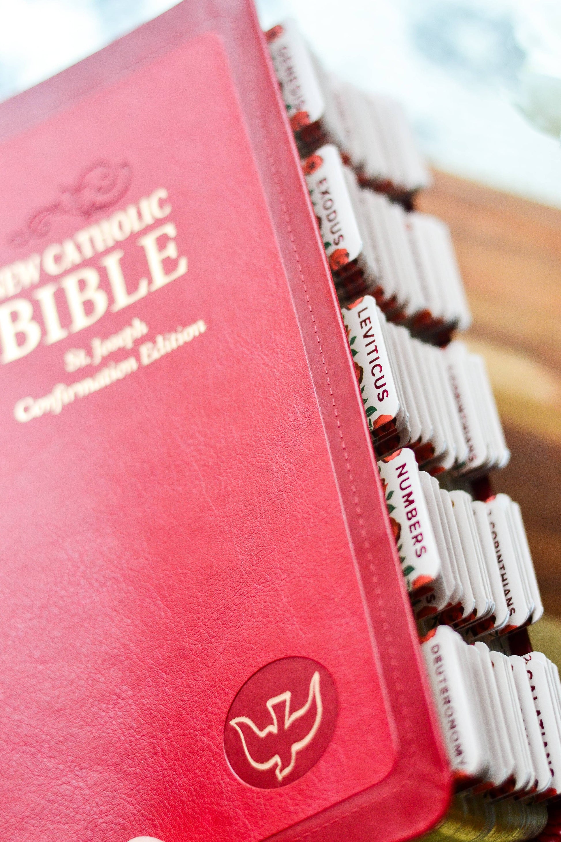 Red Catholic Bible with white pages and visible book names.