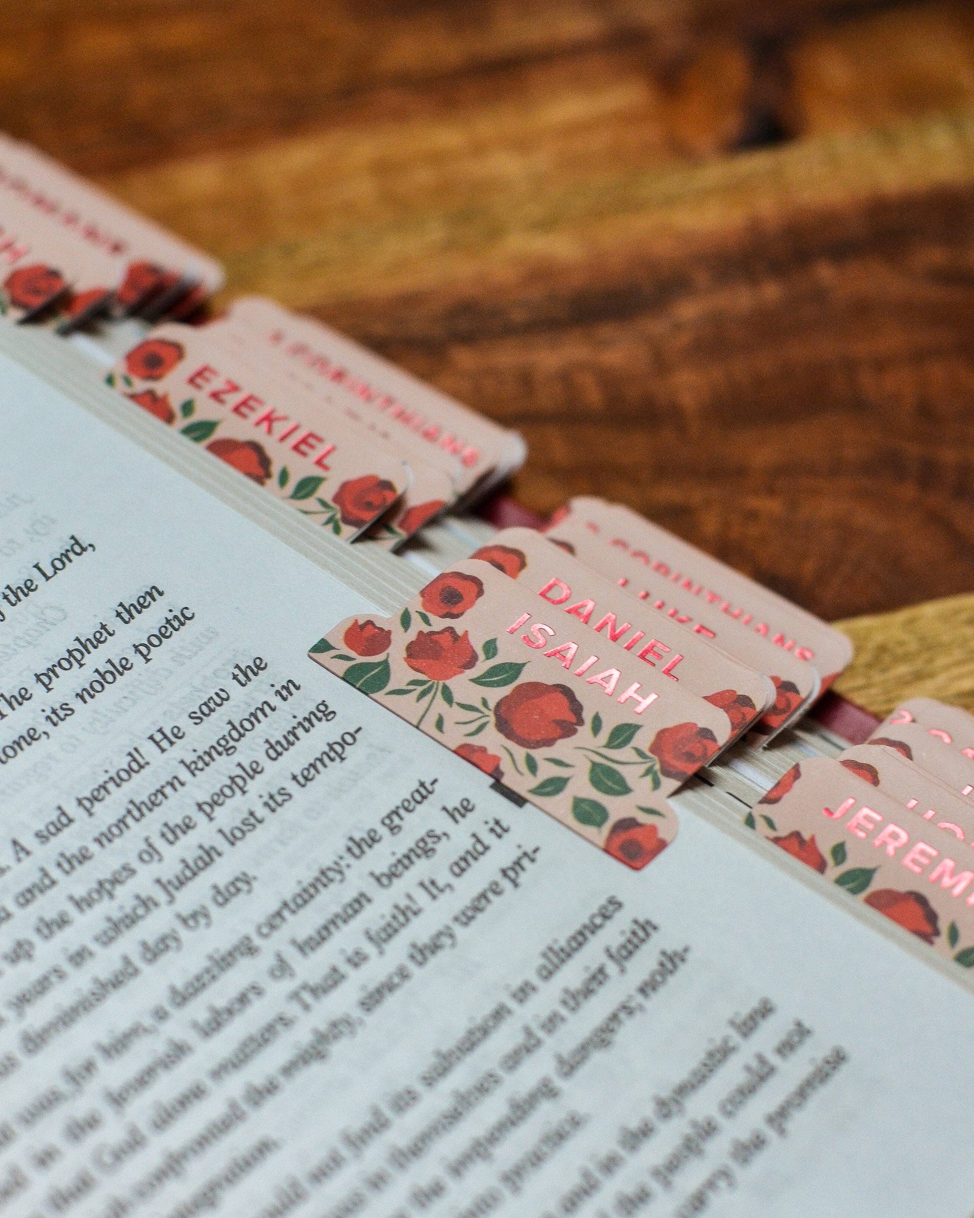 Bookmarks with floral design on a book page