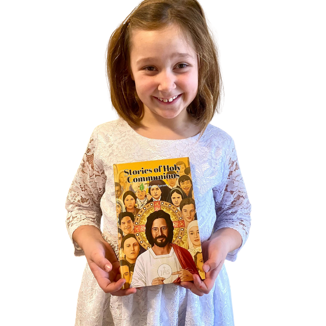 Young girl holding a book titled 'Stories of Holy Communion' with a white background