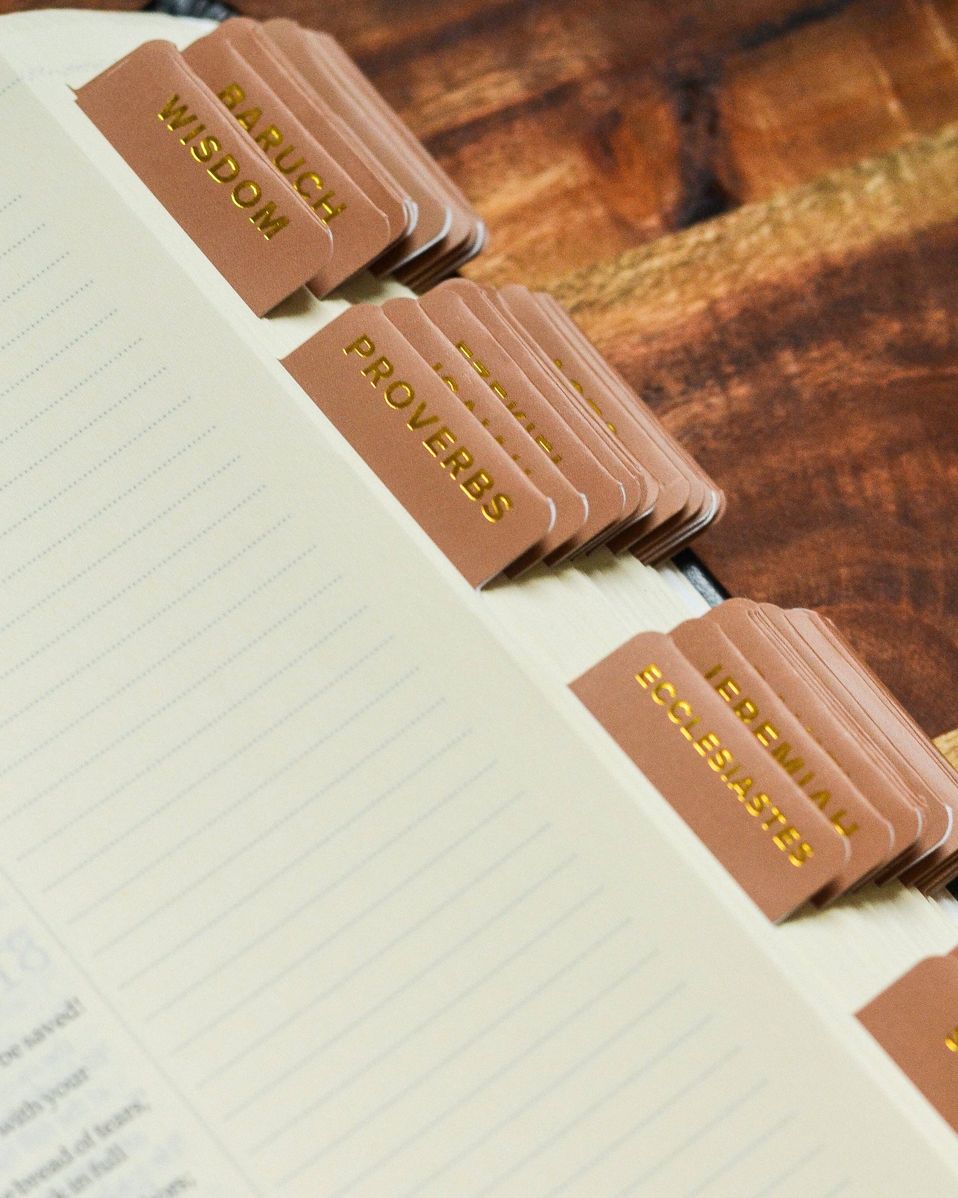 Close-up of a notebook with tabs labeled 'Proverbs' and 'Wisdom' on a wooden surface.