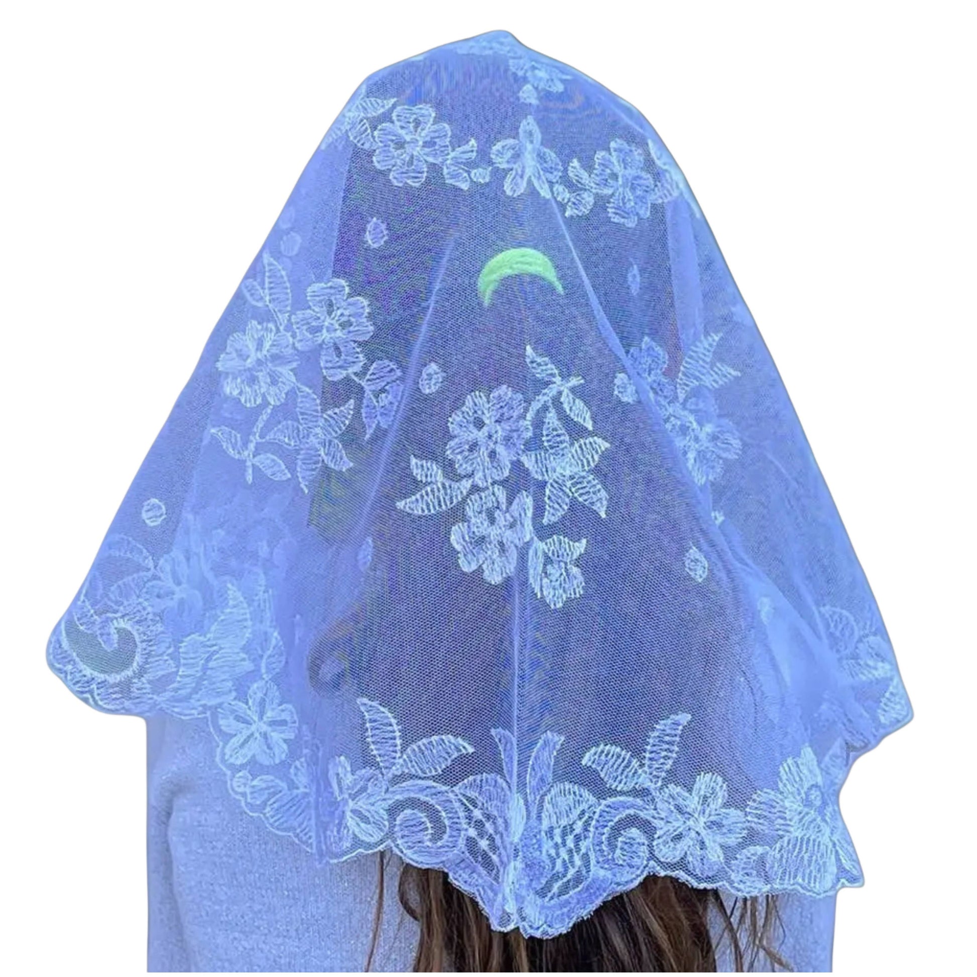 Light blue embroidered veil with floral patterns on a white background
