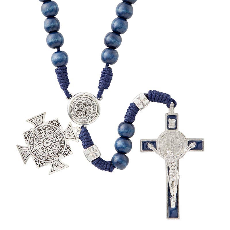 Blue beaded rosary with silver medallions and cross on a white background