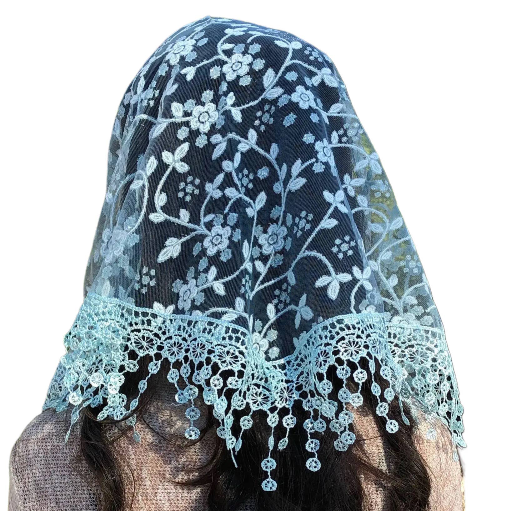 Navy blue veil with light blue floral lace details on a white background