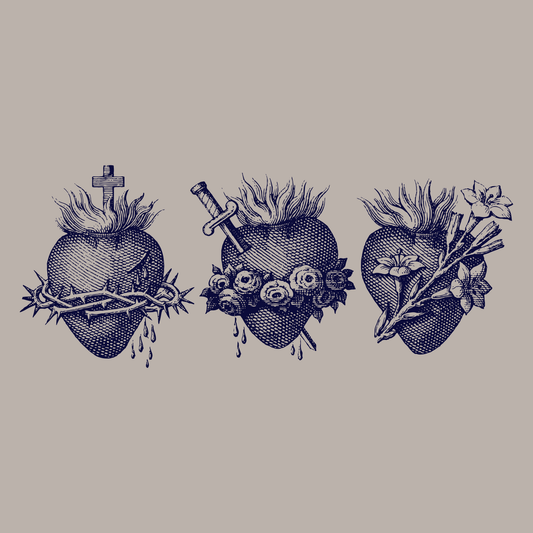 Three illustrations of sacred hearts with various elements on a beige background
