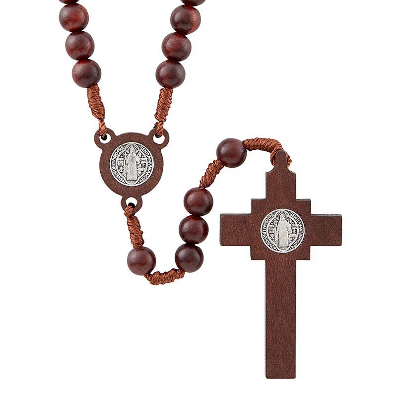 Wooden rosary with brown beads and a cross on a white background