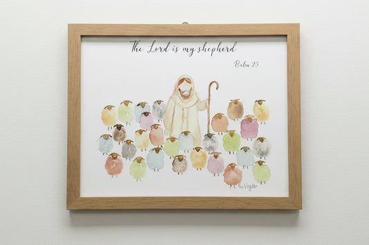 Framed artwork of a shepherd with colorful sheep and 'The Lord is my shepherd' text.