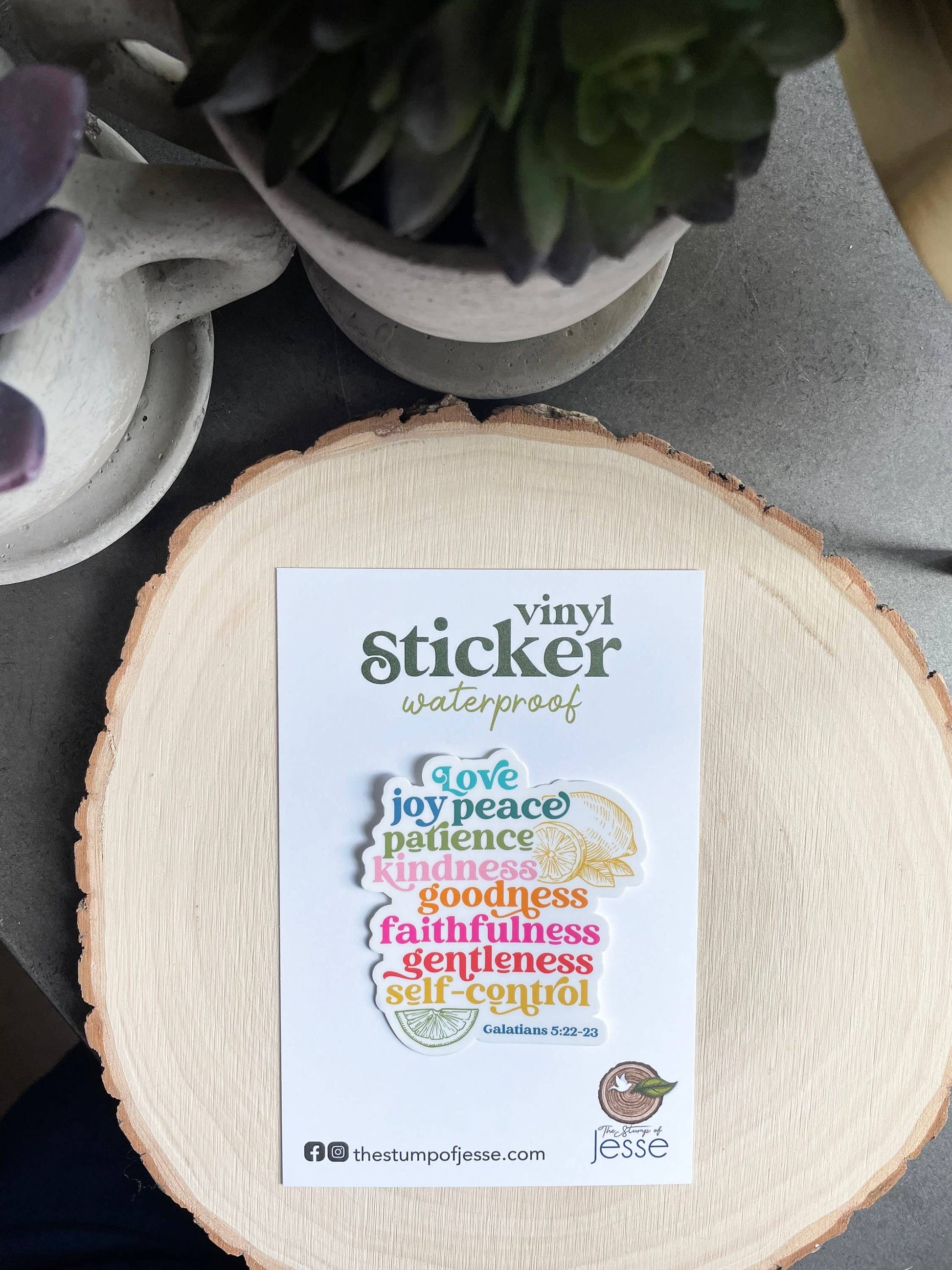 Sticker with fruits of the Holy Spirit on a wooden coaster with a plant in the background