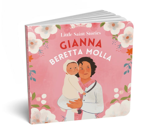 Book titled 'Little Saint Stories: Gianna Beretta Molla' with illustrations on a pink background