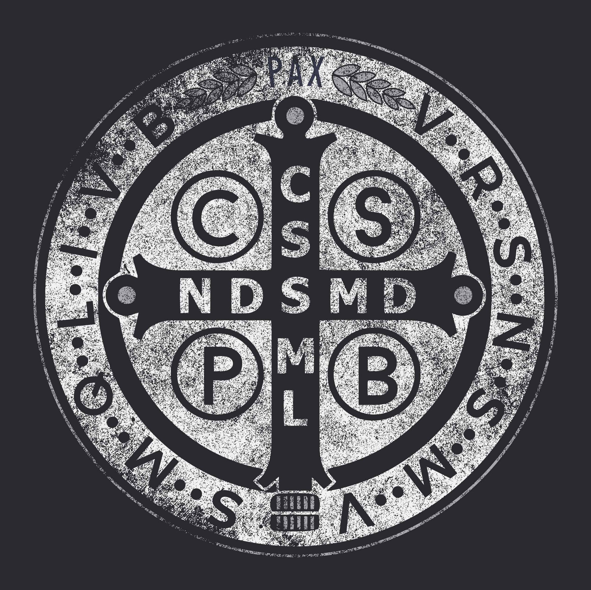 Circular emblem with cross and initials on a black background