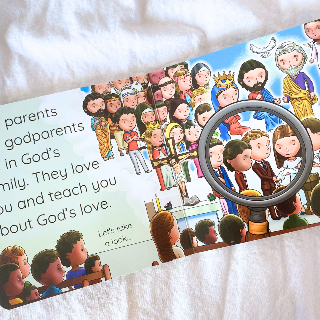 Children's book with illustrated characters on a white surface