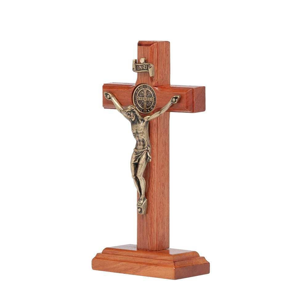St. Benedict Medal Wooden Cross w/ Stand   5"