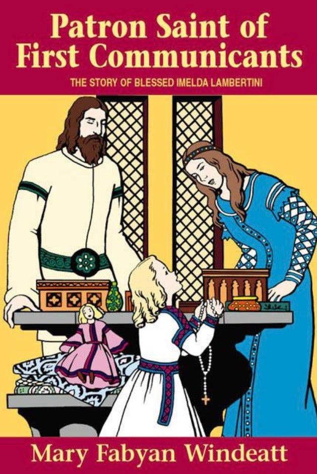 Book cover of 'Patron Saint of First Communicants' with illustrations of a man, woman, and child.