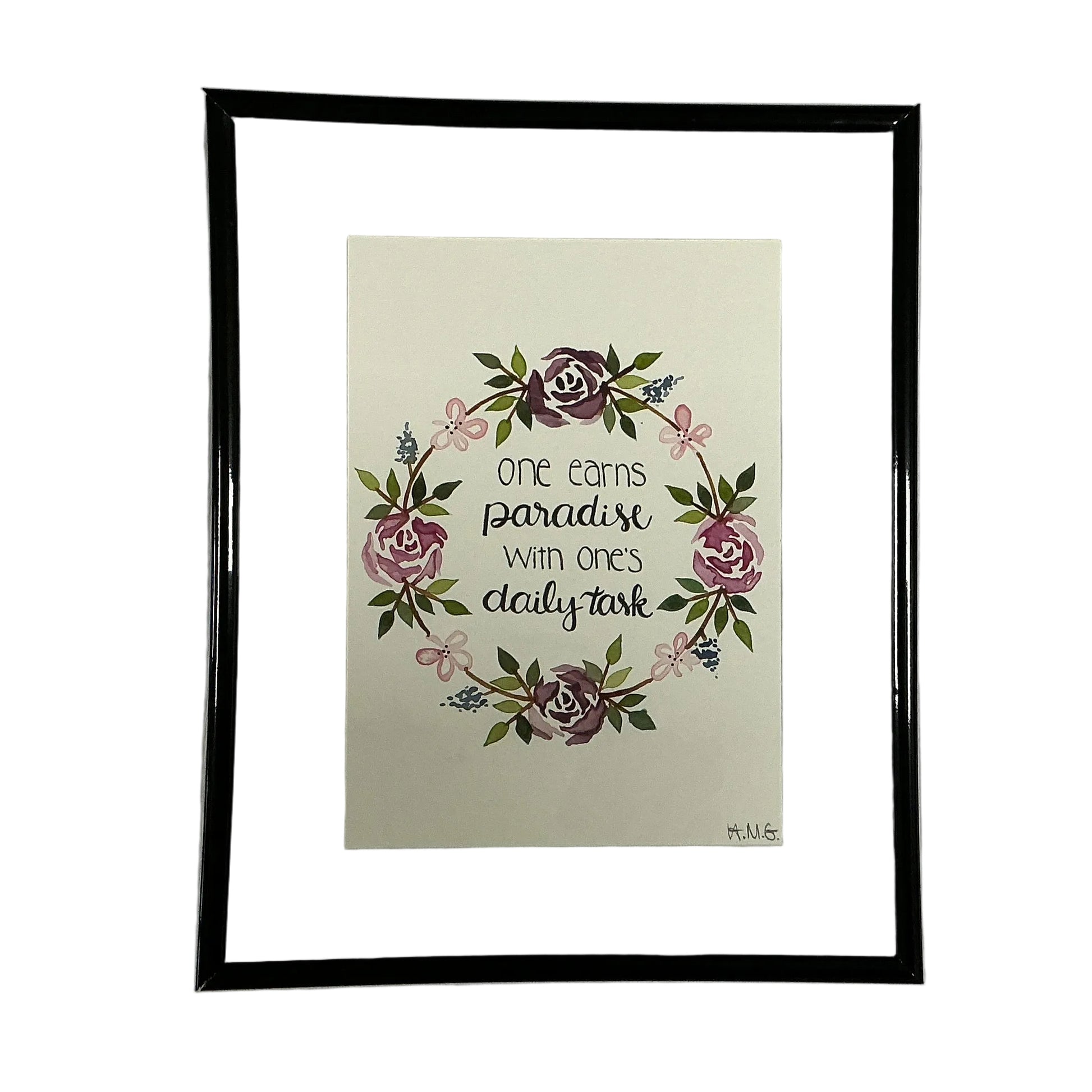 Framed artwork with floral design and text on a beige background