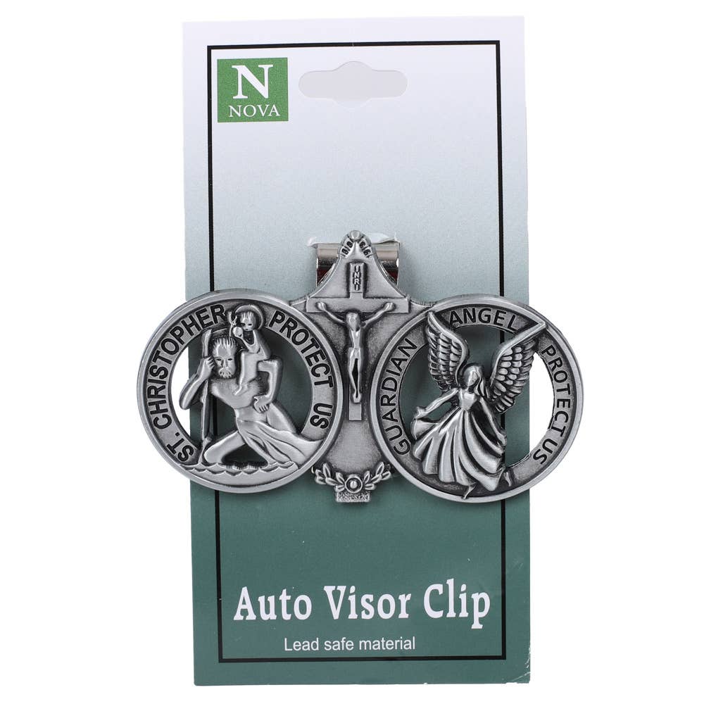 Auto visor clip with religious designs on a Nova branded card