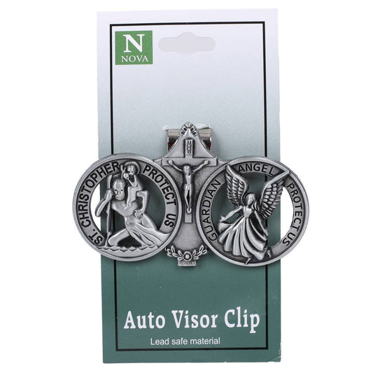 Auto visor clip with religious designs on a Nova branded card