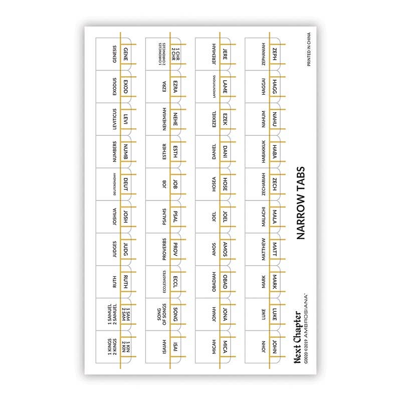 Sheet of narrow tabs with Bible chapter and verse references on a white background